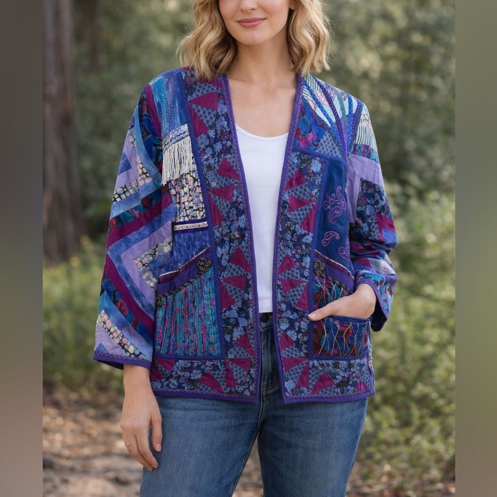 Judith Haven Handmade Patchwork Open Front Jacket Purple Blue Size L Vintage